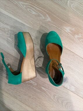 Madewell Teal Suede Wood Wedge Sandals